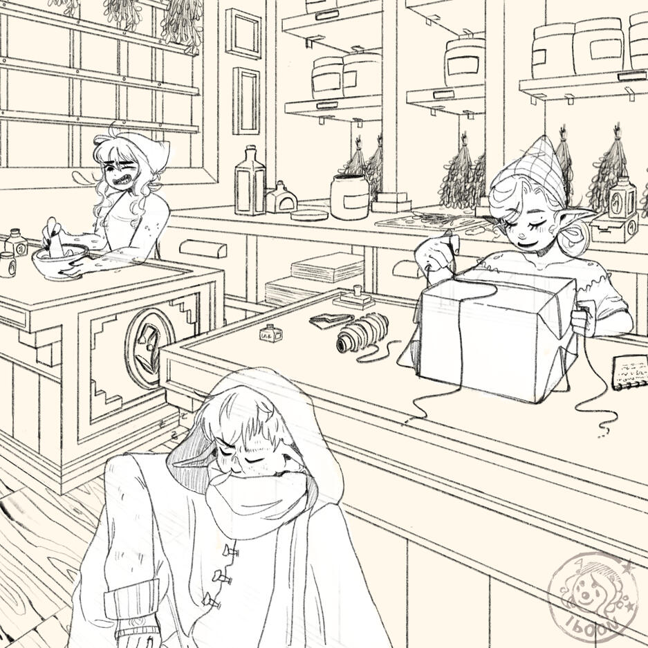 three characters + complex background